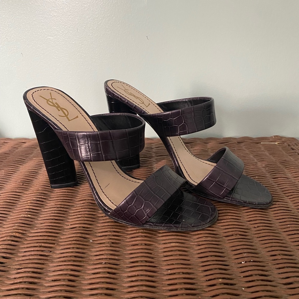 YSL Yves Saint Laurent Croc Embossed Leather Block Heel Sandal 39